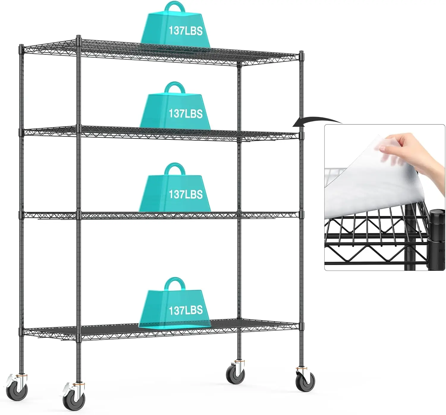 Wire Shelving with Wheels, 2000Lbs Heavy Duty NSF-Certified Metal Storage Shelf, Commercial-Grade Adjustable Utility Rack