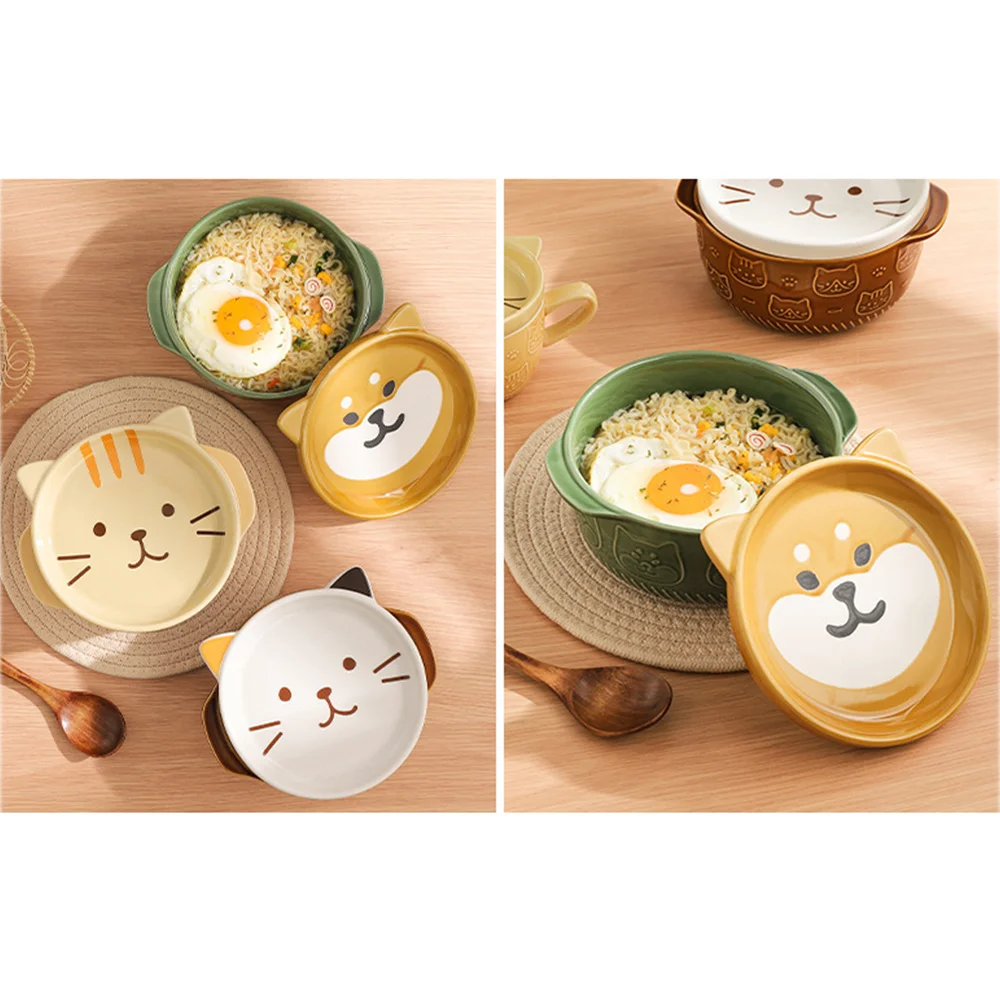 ABVJ-Cartoon Japanese Cat Dog Noodle Bowls With Lids Cute Animal Soup Salad Fruit Bowl Kitchen Tableware