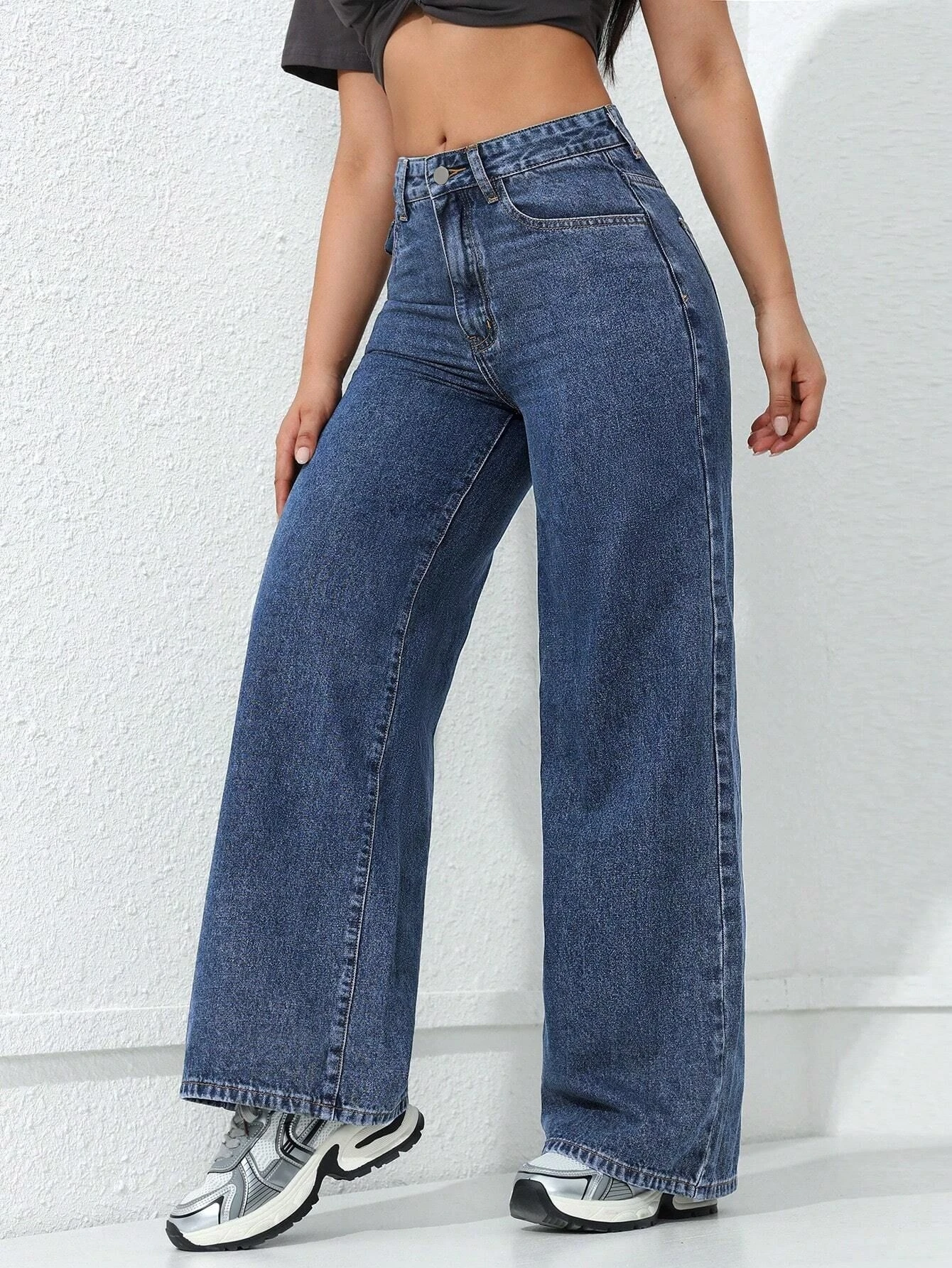 American Sle Jeans mit weitem Bein, lockere, gerade Taille, schlankmachende, bodenlange, lässige Denim-Hosen, hohe Taille, Baumwolle, Damen-Jeans