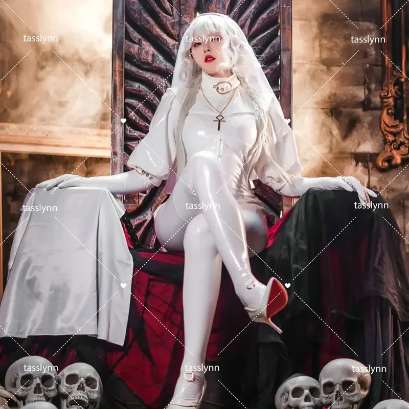 섹시한 차우비 스위트 블랙 화이트 수녀 코스프레 의상, 핫 애니메이션 코스프레 유니폼, 섹시한 소녀 다크 레인 샬롯 코스프레 코스튬