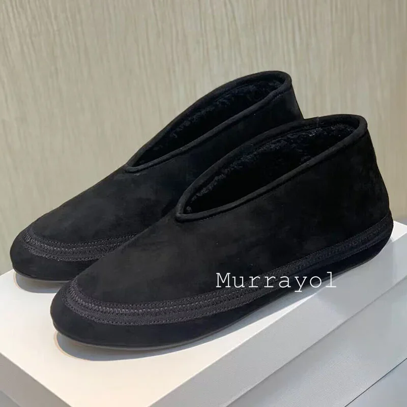 Round Toe Cow Suede Flat Thick Bottom Snow Boots Women Shallow Mouth Lazy Loafers Winter Real Wool Lining Ankle Botas Mujer view 5