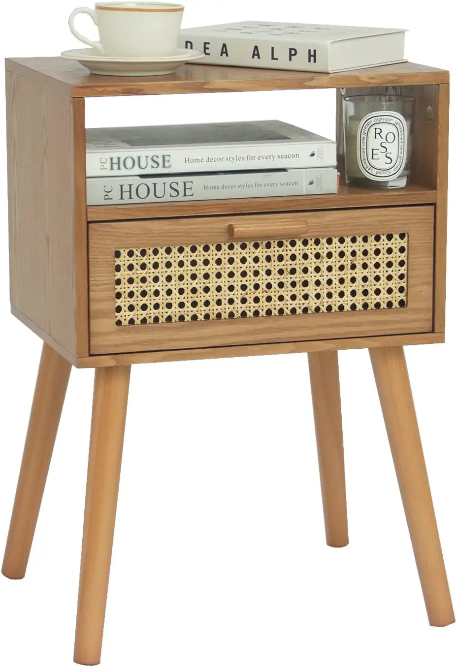 

Mid Century Modern Nightstand with Drawer, Small Nightstand Bedside Table, Rattan Nightstand, Wood End Table for Bedroom