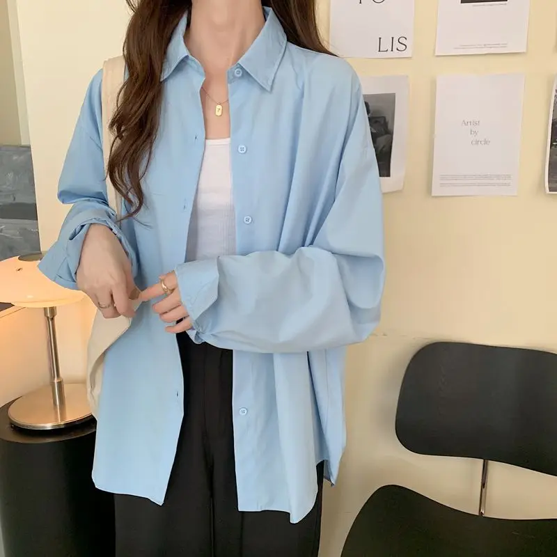 

Синяя повседневная свободная рубашка с рукавами-фонариками, женская рубашка с длинными рукавами и отложным воротником, защита от солнца, модный свободный крой