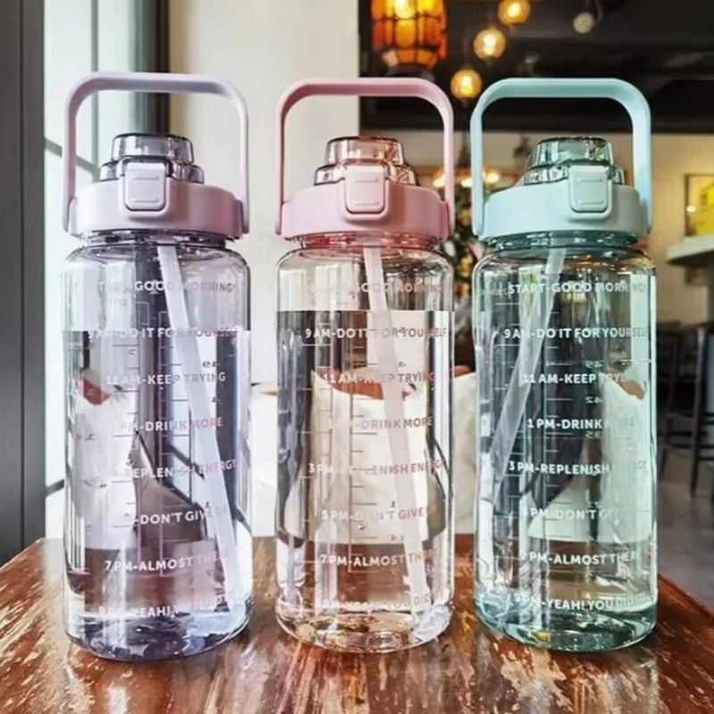 2000ml Water Bottle with Straw Female Jug Girls Portable Travel Bottles Fitness Bike Cup Summer Cold Water Jug with Time Marker