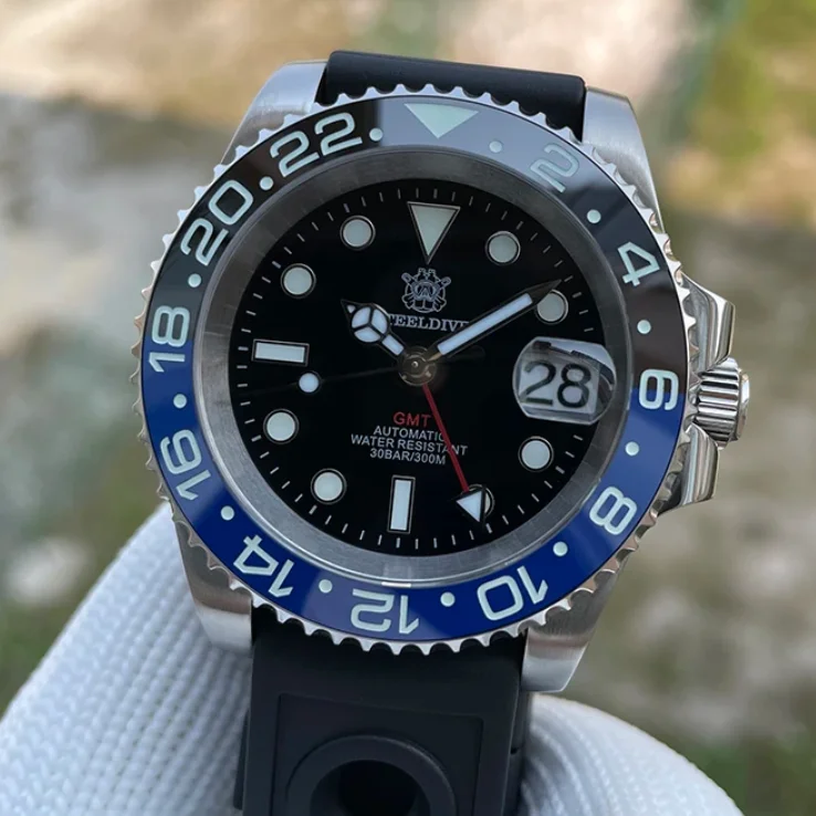 Steeldive Men Diver Watch GMT Automatic Mechanical Wristwatch 30ATM Waterproof C3 Luminous NH34 Sapphire Ceramic Bezel