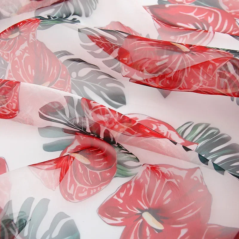 Tropical Plant Organza Digital Printing Fabric Spring and Summer Dress Red Goose Palm Anthurium Sewing Clothing Fabric Wholesale