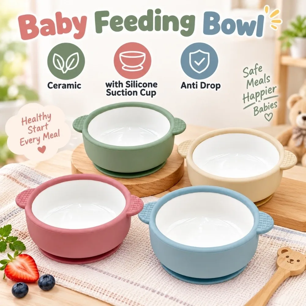 シリコン製吸盤付きのセラミック製離乳食ボウル。仕切り付きで、お子様の離乳食に最適。熱いものから守る機能付き。