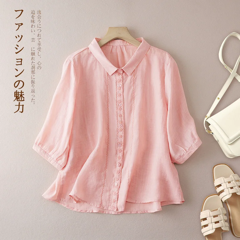 Vintage Soft Cotton Linen Embroidery Blouse Women Polo Collar Half Sleeve Shirt Loose Summer Single Breast Top