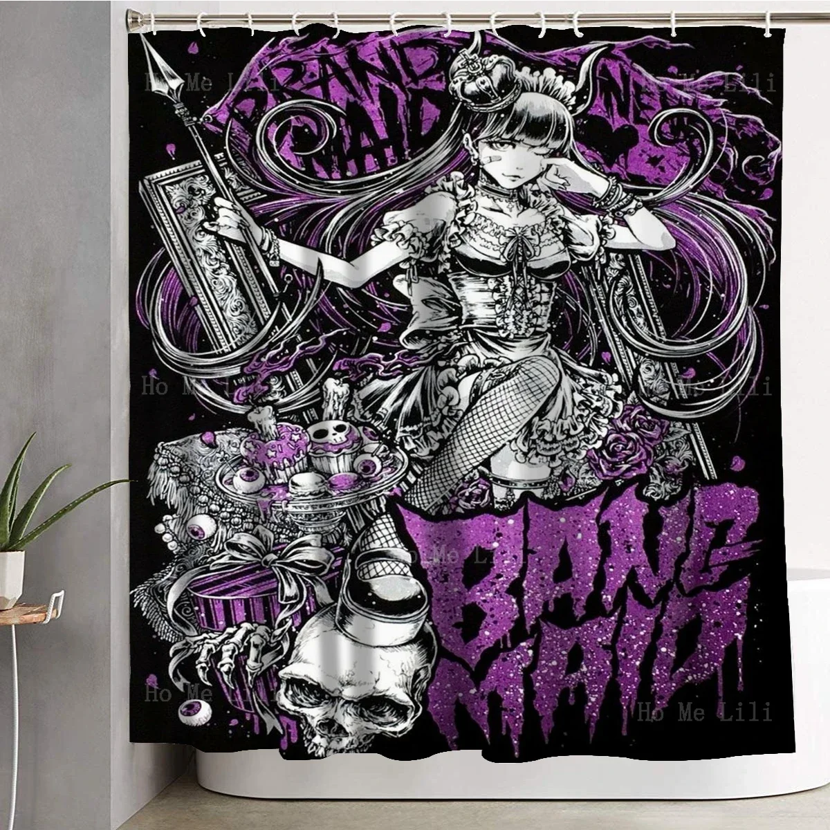 Cartoon Skull Rock Band Maid Black Cat Skeleton Axe Horror Music Group Conducting From The Grave Shower Curtain