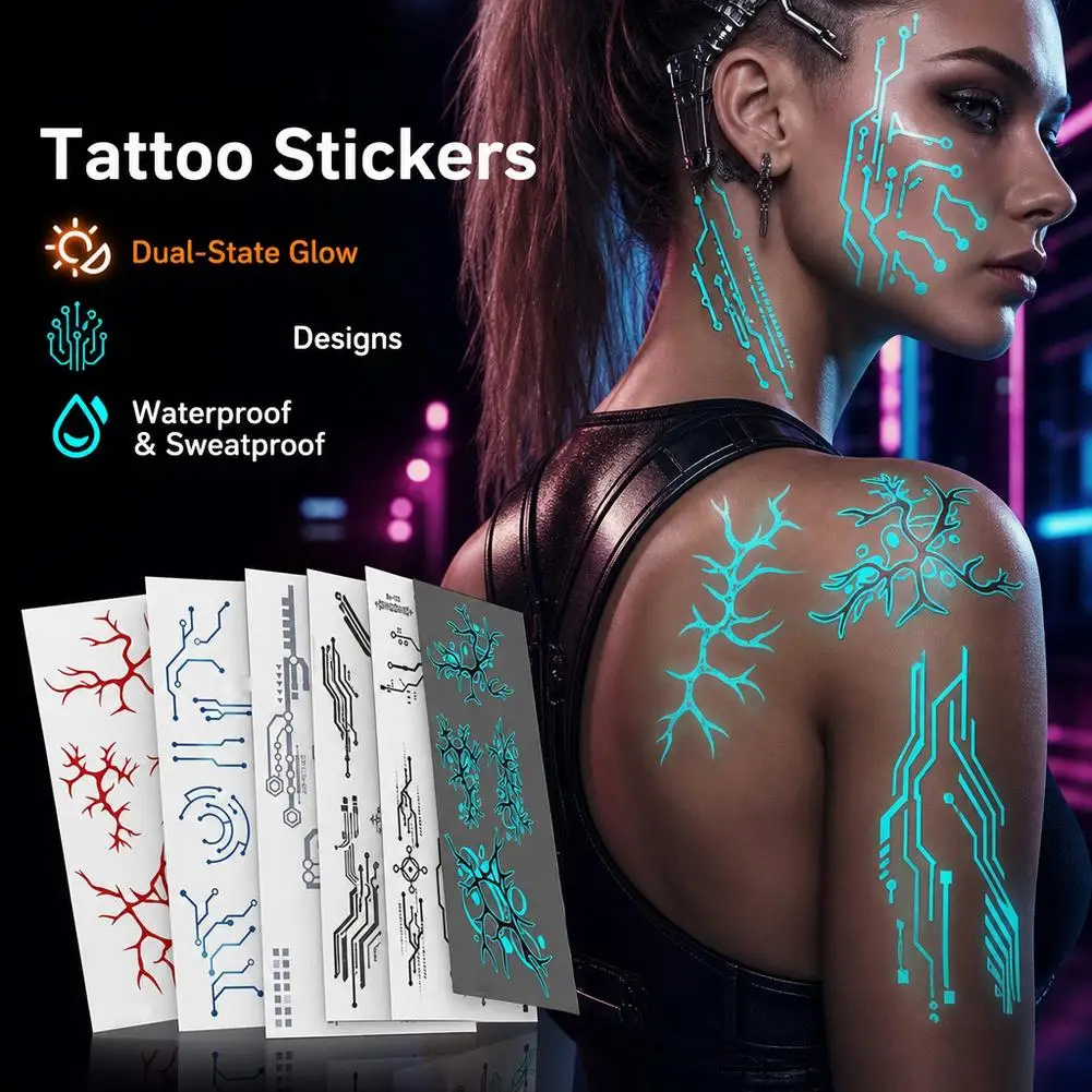 Large Glow In Dark Cyberpunk Mechanical Temporary Tattoos Sci-Fi Robot Line Waterproof Stickers for Cosplay Party 1 Sheet