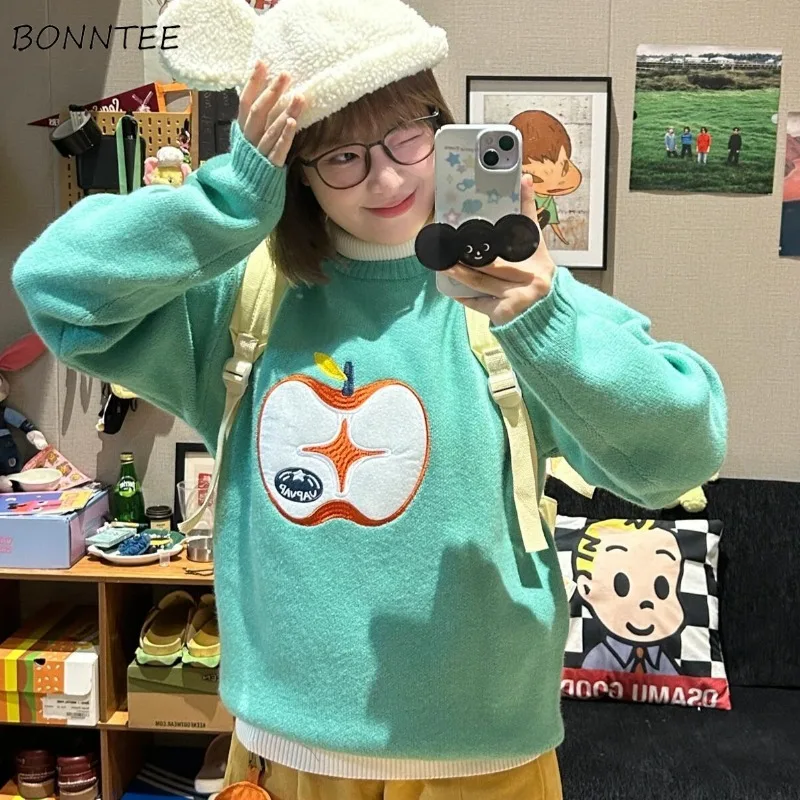 

Pullovers Women Kawaii O-neck Green Chic Colorful Warm Windproof Loose Fashion High Street Harajuku Vintage College Young Lovely
