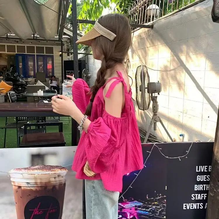 Sweet oulder Bared Long Sve Women's irt 2025 New Sle Casual Commute Wind Loose Fit UV Protection  Top