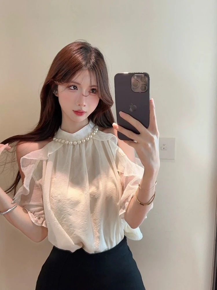 

​ Нежный шифоновый топ с открытыми плечами и бретельками-халтер, женский, летний, новинка, с бисером, омолаживающий эффект, с рюшами, расклешенные короткие рукава ​