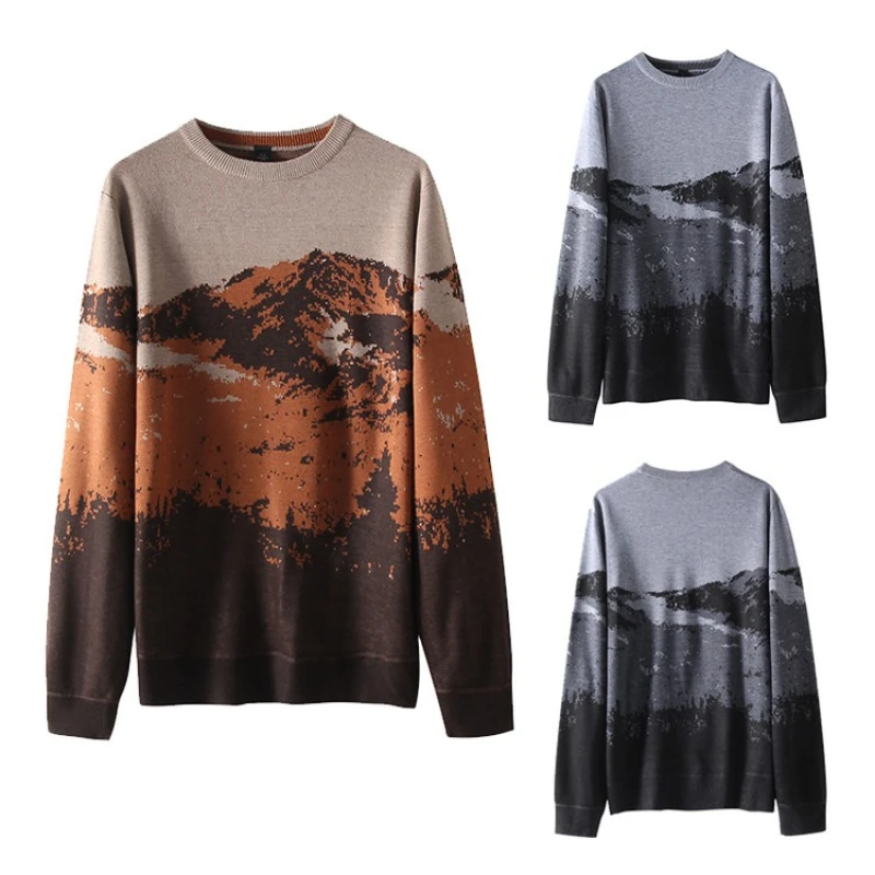 

​​Men's Gradient Knit Sweater - Gray (Khaki) M-XL Mountain Landscape Print​​ Outdoor Style Casual Wear