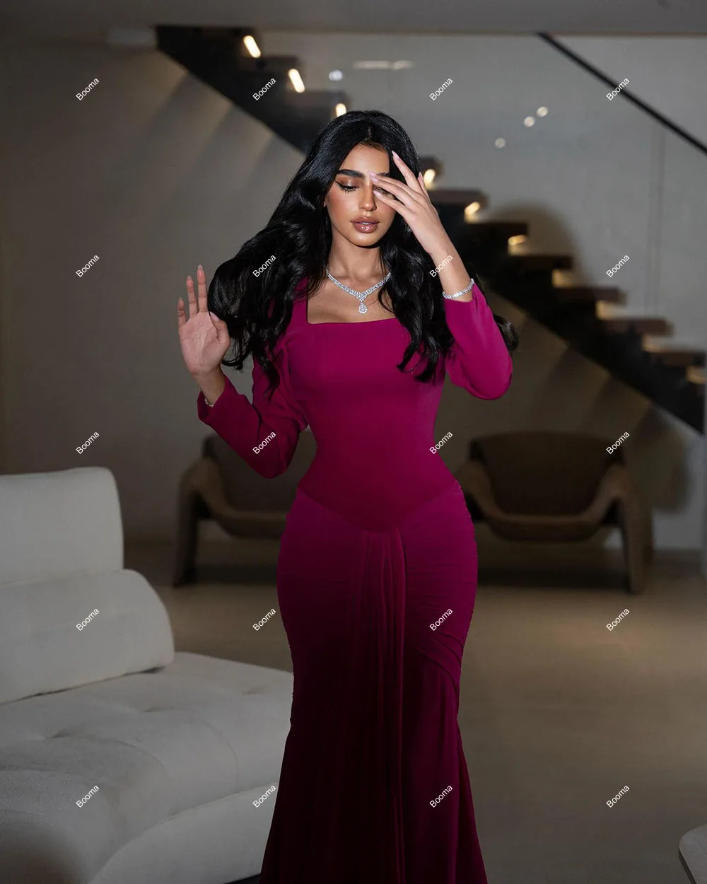 Booma Elegant Mermaid Evening Dresses Square Collar Long Sleeves Formal Occasion Dresses for Women Arabic Party Prom Gowns