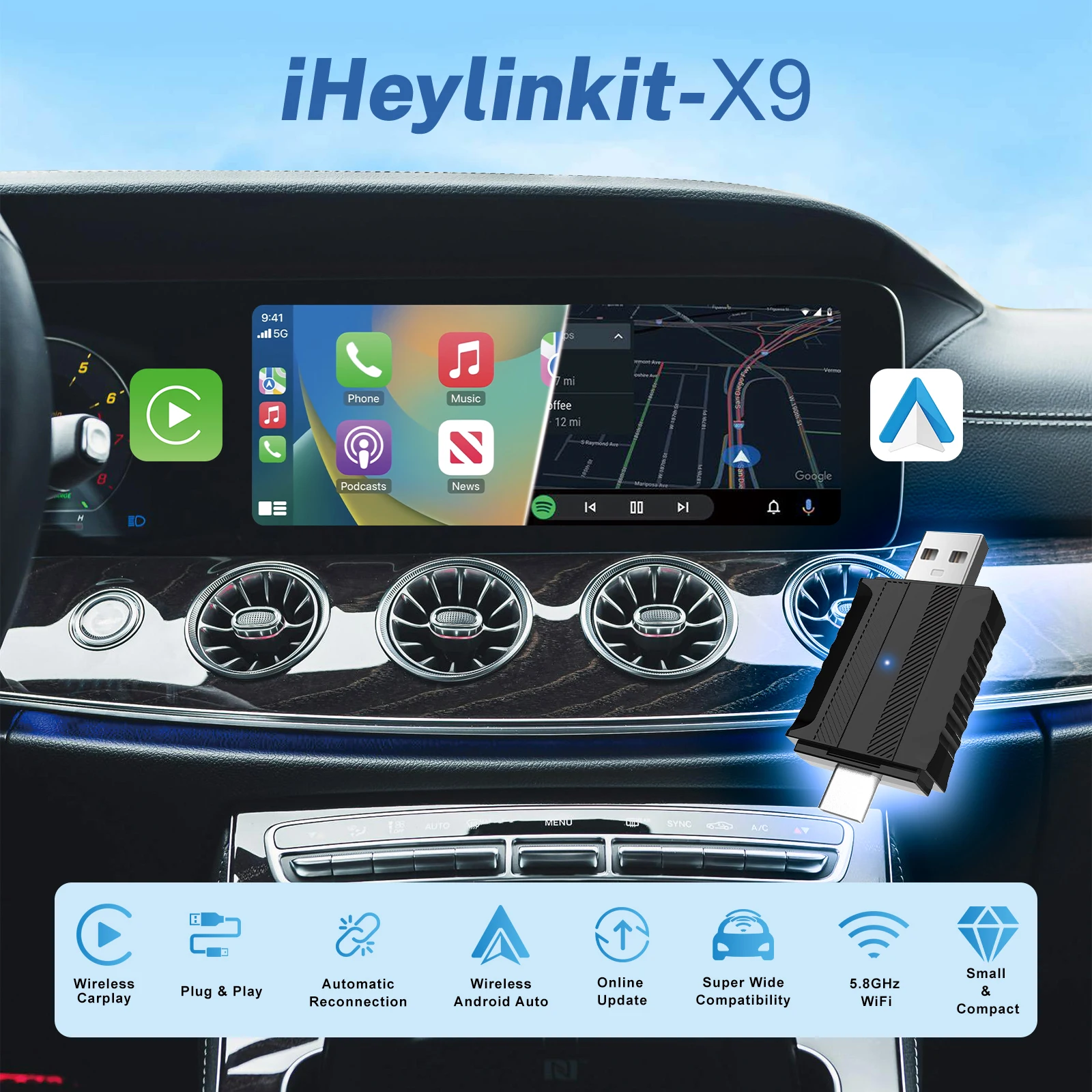 iHeylinkit NEW 2In1 Mini Wireless Android Auto Wireless CarPlay Adapter Smart USB Dongle Plug And Play 2.4/5Ghz For Car Radio