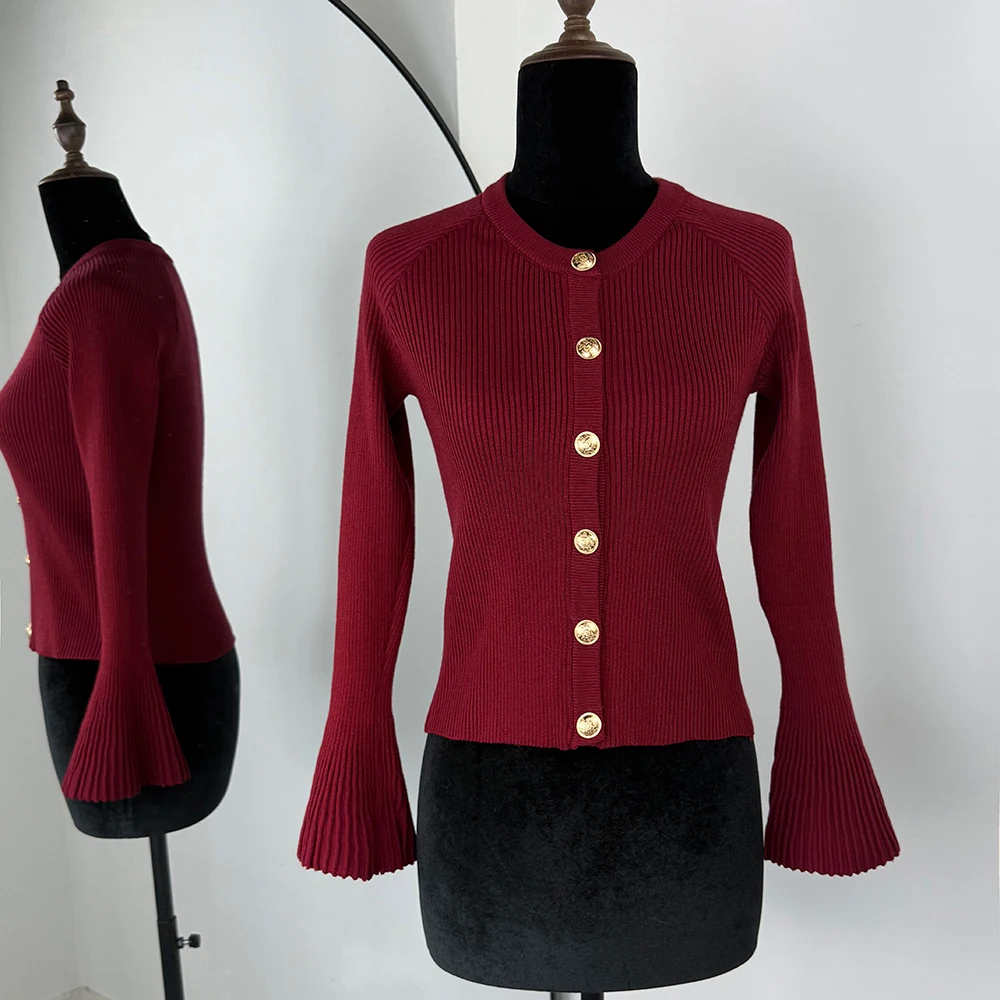 Ticketsx Dzianinowy Top w Paski Pit Stripe Damski Jednolity Dekolt O Rozszerzane Długi Rękaw Jednorzędowy Kardigan Damski Codzienny Wakacyjny Elastyczny Top