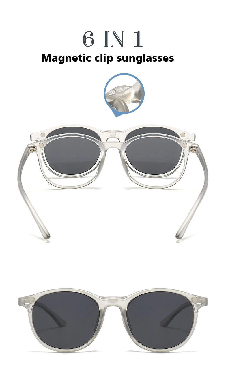 Vcka transparenten Rahmen Frauen Myopie Sonnenbrille 6 in 1 Magnet clip Brille runde Männer polarisierte verschreibung pflicht ige Brille-0.5 ~-6,0 – Detail 1