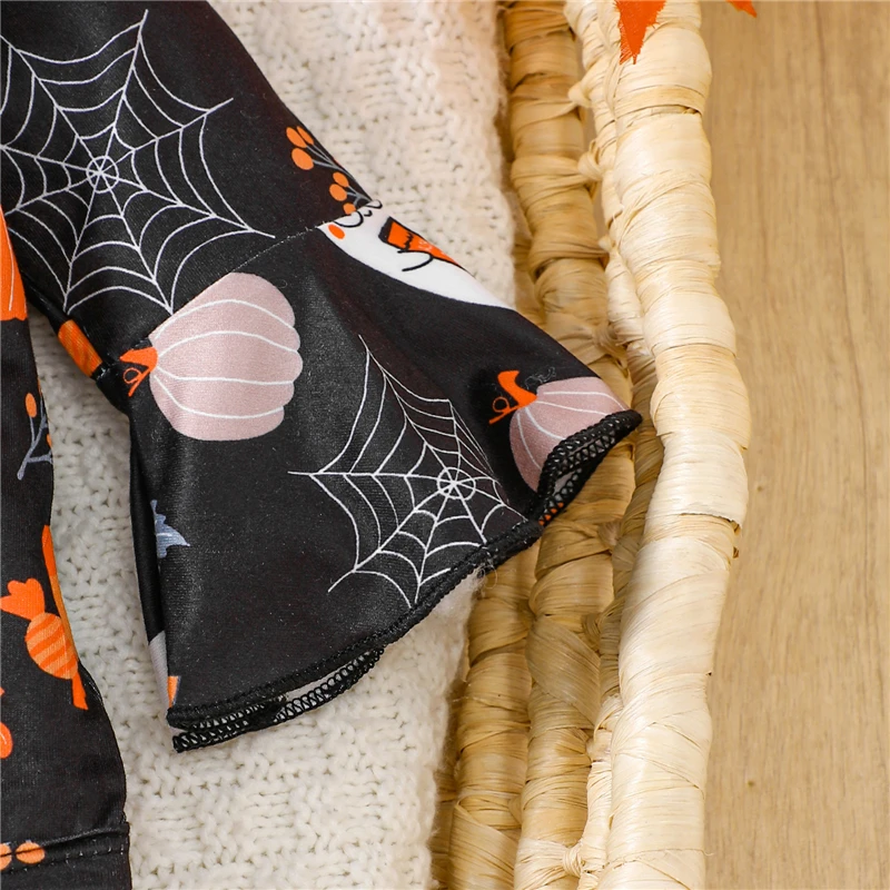 Newborn Baby Girls Halloween Romper Flared Sleeve Round Neck Ghost Pumpkin Print Romper Jumpsuit with Headband