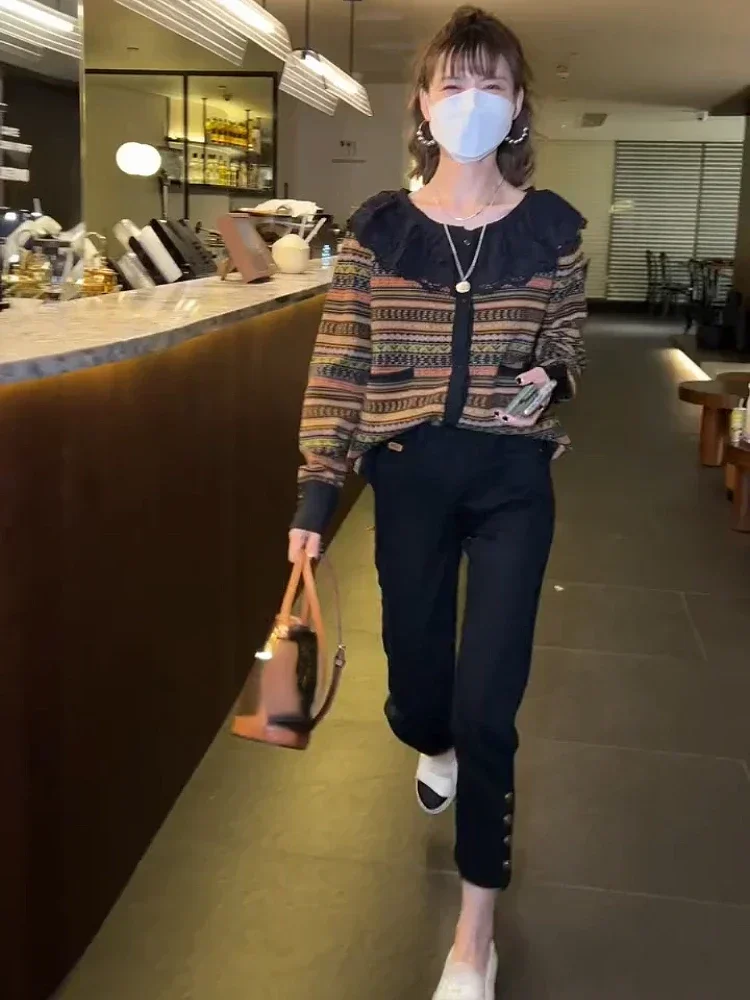 หวานถักเสื้อกันหนาว Ropa MujerWomen เสื้อผ้า Patchwork เสื้อสเวตเตอร์ถักหญิงลูกไม้ Peter Pan ปลอกคอสุภาพสตรีเสื้อแฟชั่น ted r