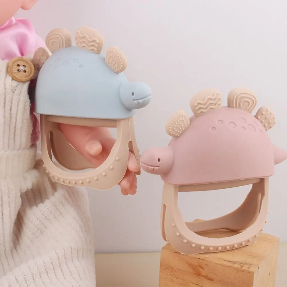 Cute Food Grade Silicone Dinosaur Teether Wood Detachable Infant Chew Pastel Colors Textured Surface Teething Nursery Use