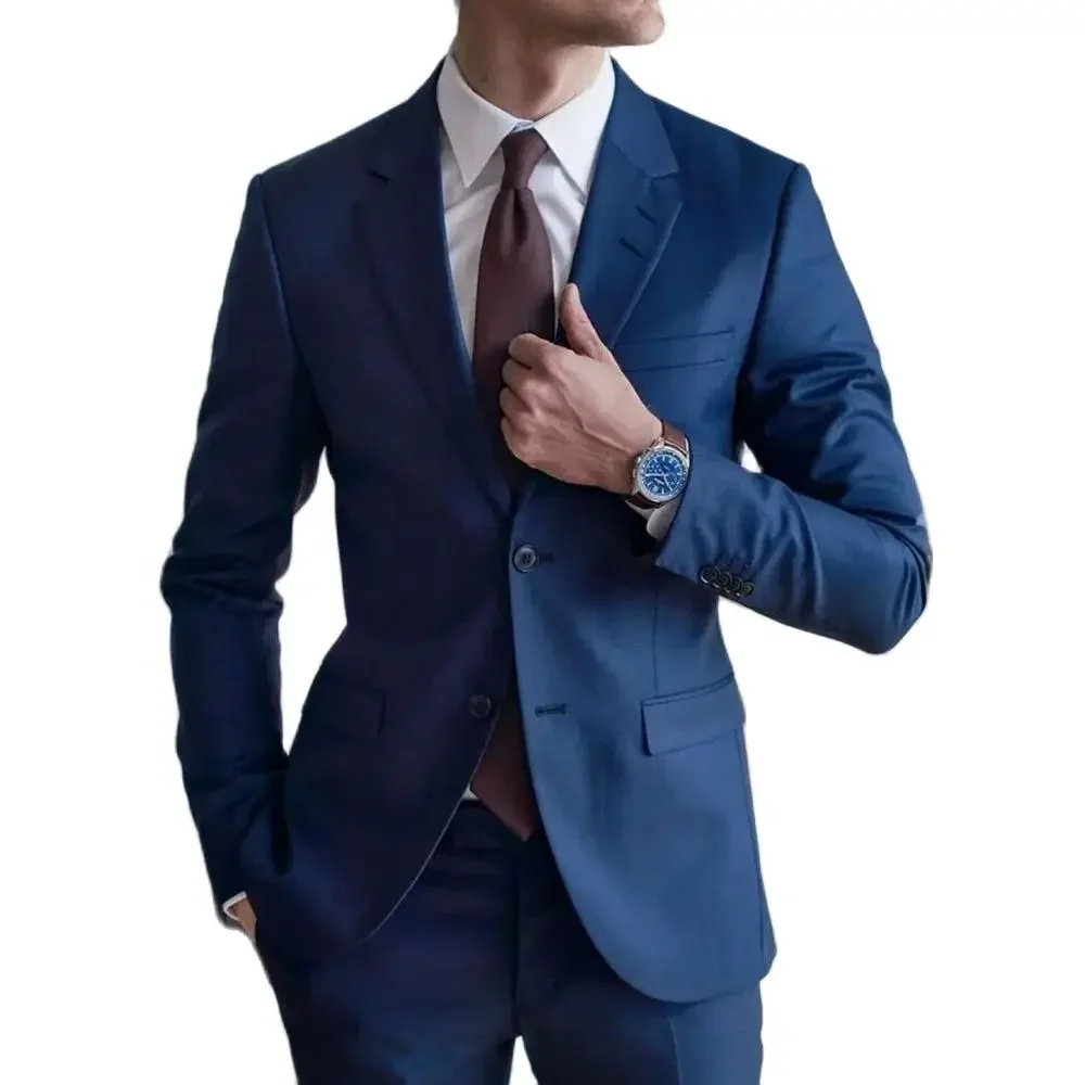 Blazer Notch Lapel Single Breasted Regular Length Blue Men's Suits Skinny 2 Piece Formal Outfits Slim Fit Custom Costume Homme