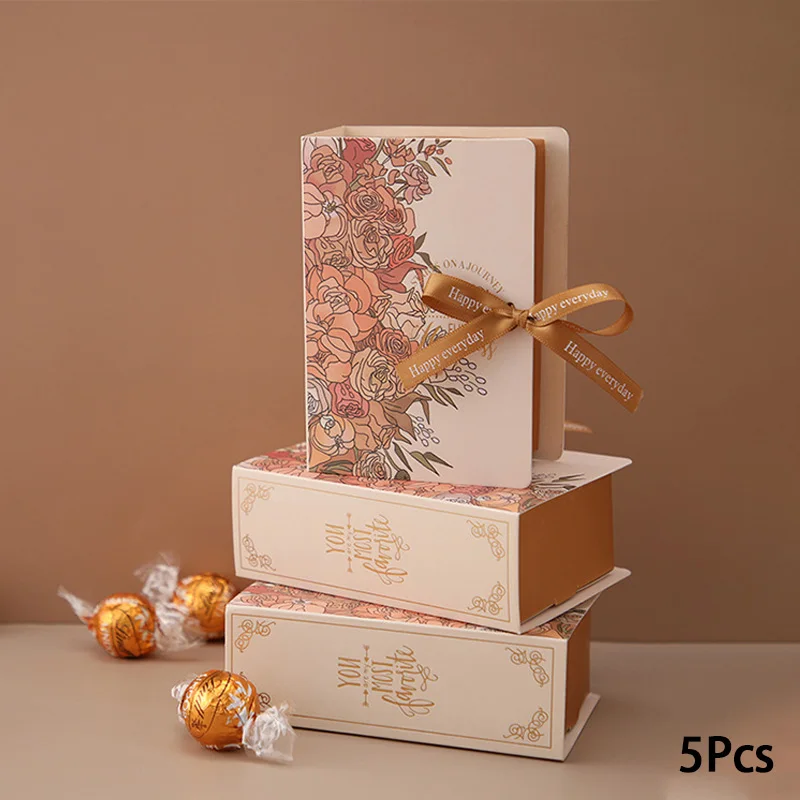 5Pcs Book Shape Gift Box with Ribbon Paperboard Candy Chocolate Present Packaging Box  for Wedding Birthday Mother\'s Day