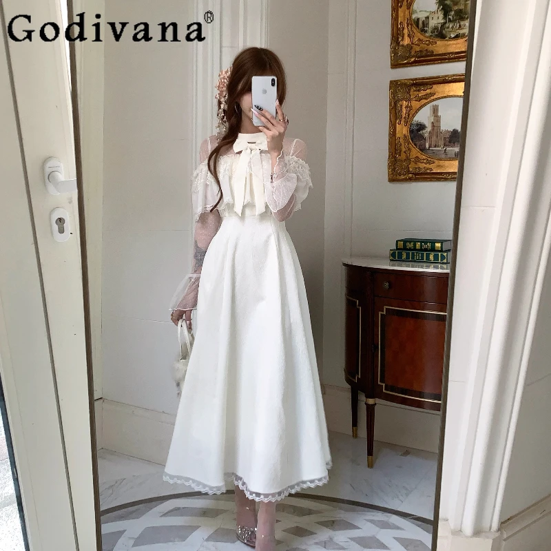 

Girls Clear Style Japanese Gentle Long Dress Bow Collar Princess Lolita Sweet Dress Women's Spring Autumn Lace Party Dress