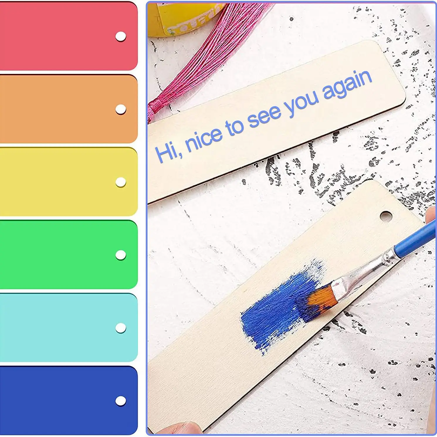 Marque-pages vierges en bois non finis avec trous et cordes, marque-pages, bricolage, projets d'artisanat, 50 pièces