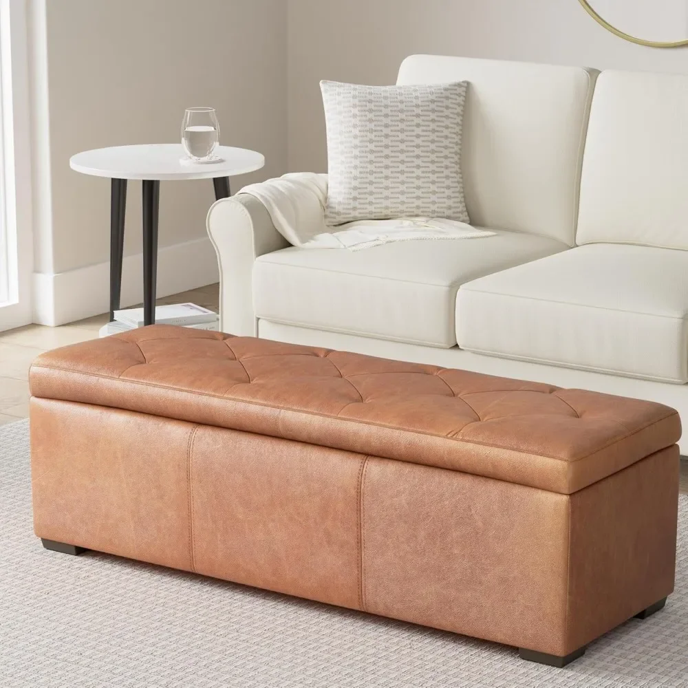 

Storage Ottoman, in Full-Grain Pure-Aniline Italian Tanned Leather in Cognac Tan,Entryway Bench
