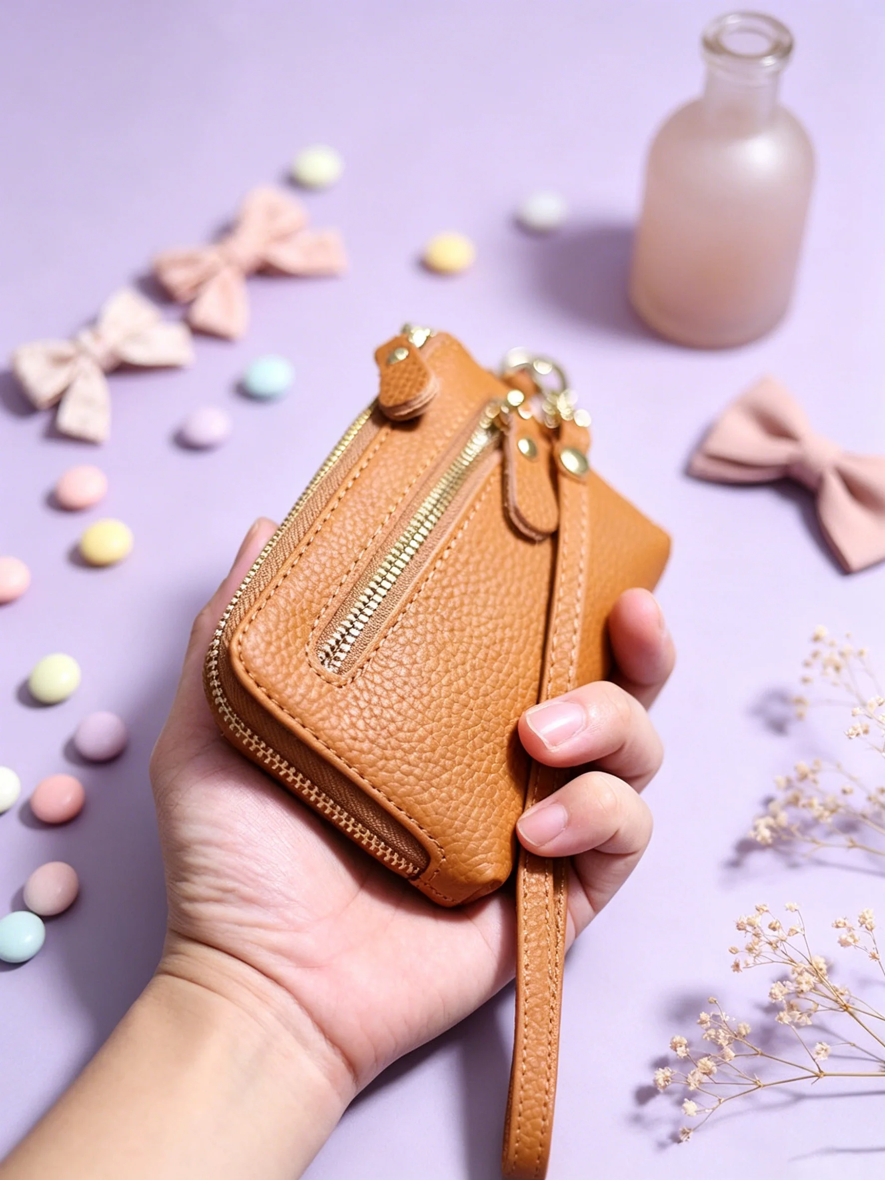 WERLLANDS Lychee Textured PU Double Zipper Wristlet Wallet, Multi-color Simple Long Portable Card & Coin Hand Pouch