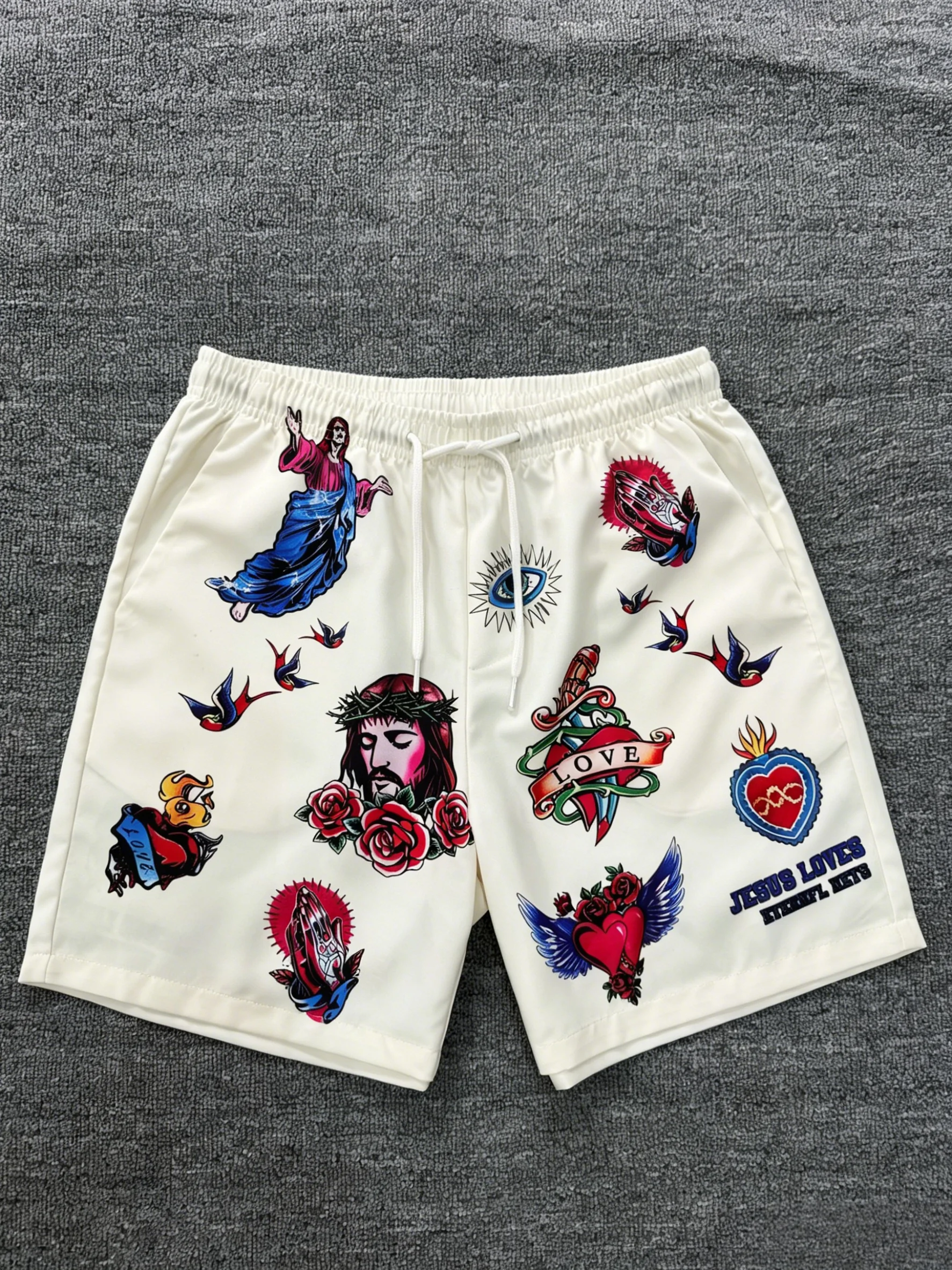 

2026 New Off White Christian Tattoo Print Mens Shorts Elastic Waist Running Workout Gym Sports Male Casual Shorts
