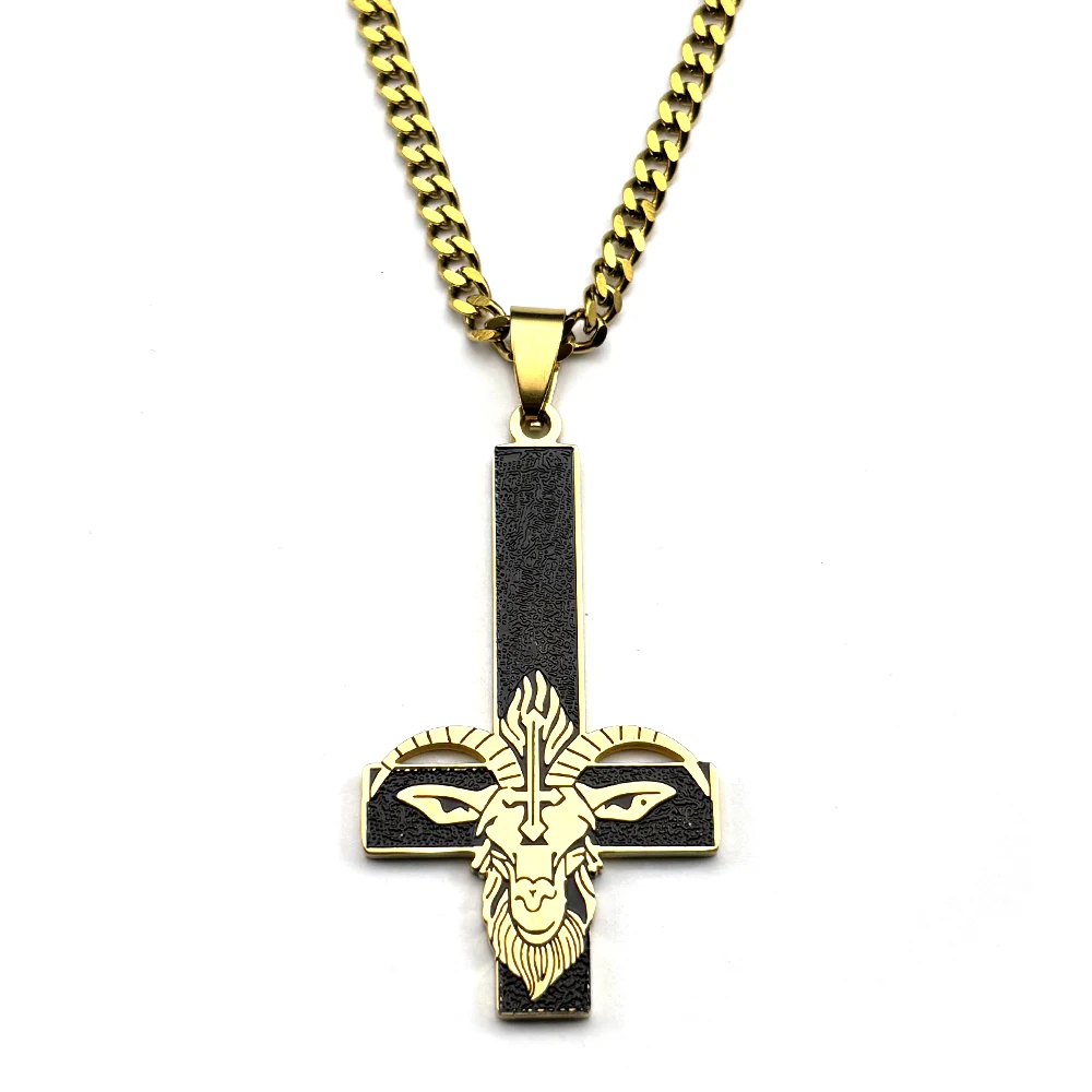 Edelstahl Baphomet Ziegenkopf Umgedrehtes Kreuz Hexerei Heidnische Halskette Emaille Invertiertes Kreuz Goldfarben Kette Schmuck – Detail 7