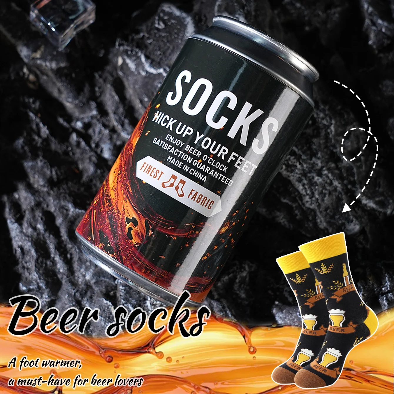 1 Pair of Mid-Calf Men's Socks, Novelty and Fun Colorful Black Beer Can Socks, European and American Fashion Style, Comfortable and Breathable, Party Casual Novelty Gifts, Valentine's Day, Christmas, Santa Claus, Autumn and Winter Models, All-Season Cute and Fun Socks