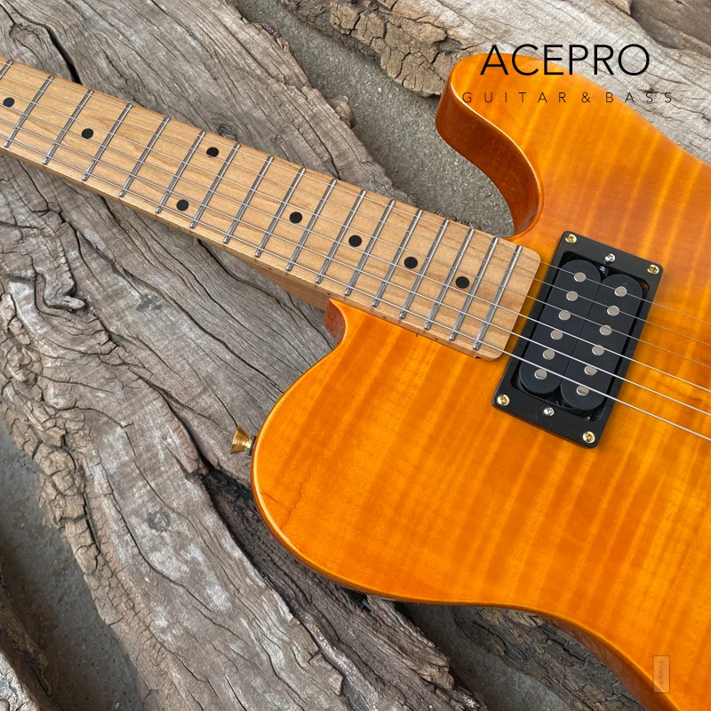 Acepro Electric Guitar, Yellow Flame Maple, Curved Top, Stainless Steel Frets, Mahogany Body, Roasted Maple Neck, Gold Hardware