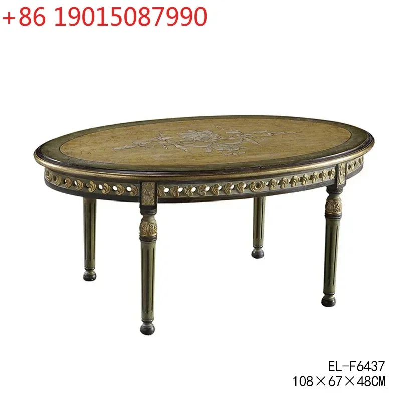 

N European-Style Rural Luxury Solid Wood Handmade Hollow Carved Coffee Table French Retro Hand Painted Oval Tea Table