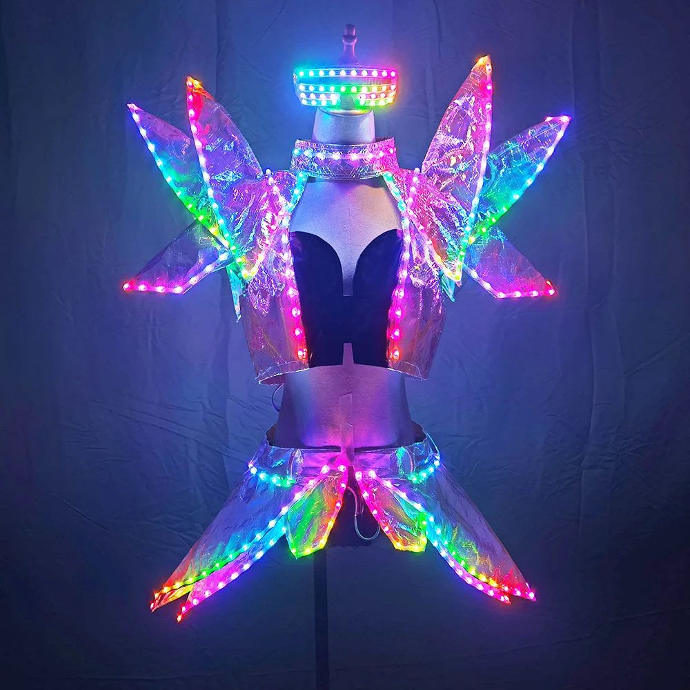 Kolorowe kostiumy LED Kolorowe światło RGB Spódnica damska DJ Bar nosi biustonosz do tańca towarzyskiego Led Programowanie seksownej sukienki