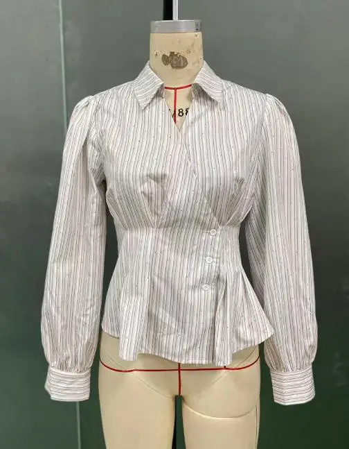 Woman Blouse 2026 New Spring Autumn Fashion Striped Temperament Turn-Down Collar Long Sleeved Waist Cinched Casual Shirt