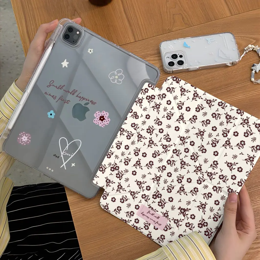 

Korean Pink Brown Floral Y2K Cover For iPad Pro 13 11th M5 M4 12.9 A16 10 8 7 9th 10th For Ipad Air 11 M2 M3 Mini Tablet Case