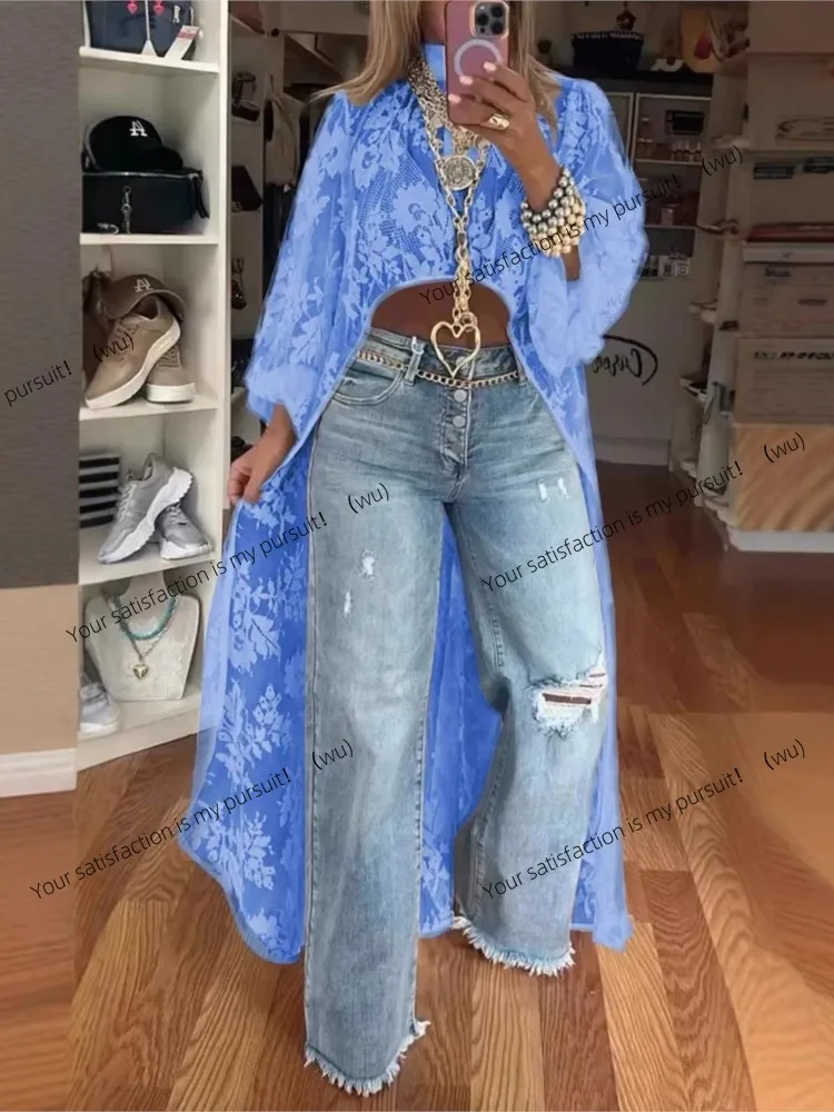 ZOCI-Atasan Renda Wanita, Kaos Kerah Bulat Modis, Lengan Panjang, Elegan, Kasual, Polos, Celana Dalam untuk Liburan dan Kantor, Kaos