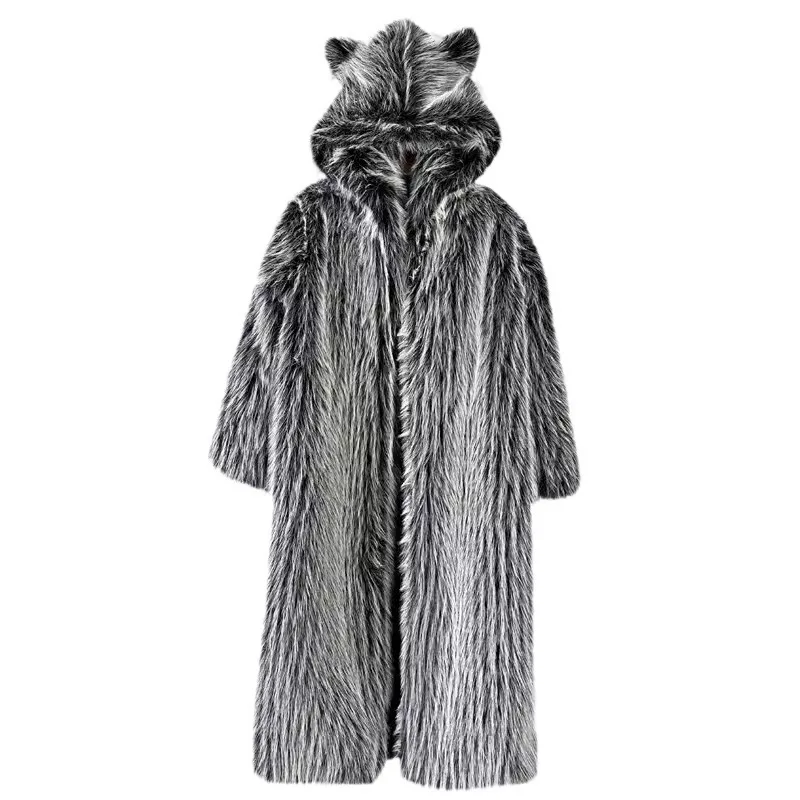 Women's Fall/Winter Cat Ear Hooded Fluffy Black White Fur Jacket Faux Wool Knee-length Long Warm Coat Long Trench Coat Cardigan