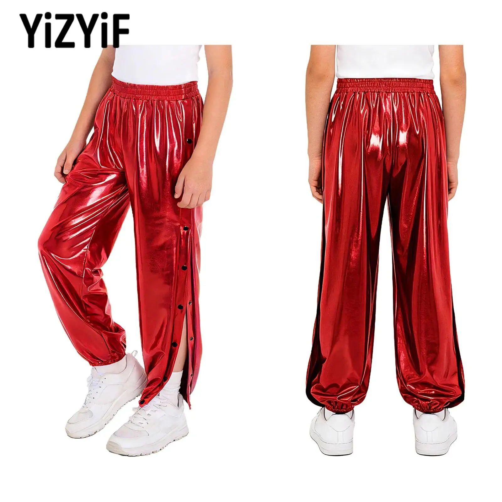 

Unisex Children Basketball Pants Jazz Hip Hop Dancewear Sportswear Kid Side Split Tear Away Press Button Metallic Pants Trousers
