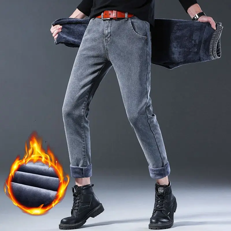 Autumn Winter Men Stretch Skinny Denim Long Pants Fleece Lined Warm Thick Jeans Solid Gray Thermal Trousers For Men Daily Casual