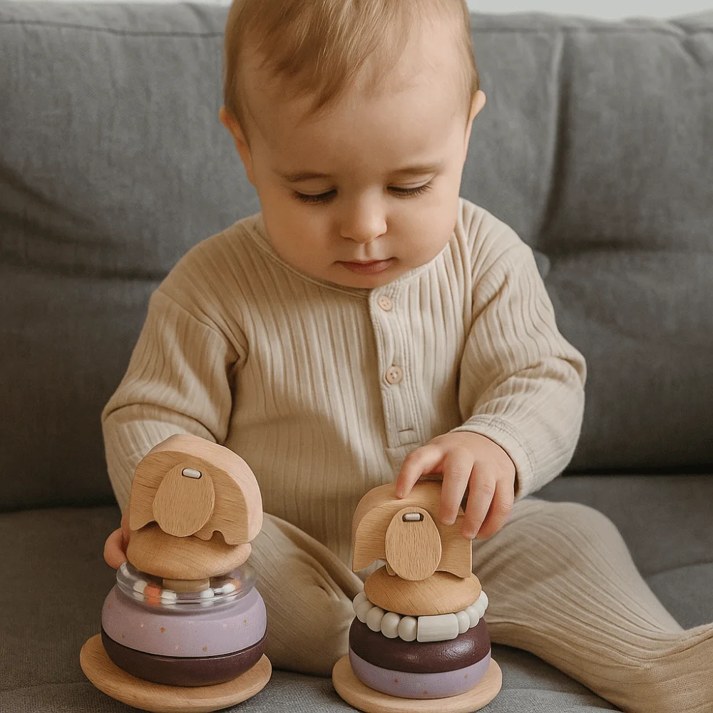 Poteau en bois pour bébé, pile de sences Montessori, blocs d'animaux, virole éducative empilable, cloche d'éléphant, dentition