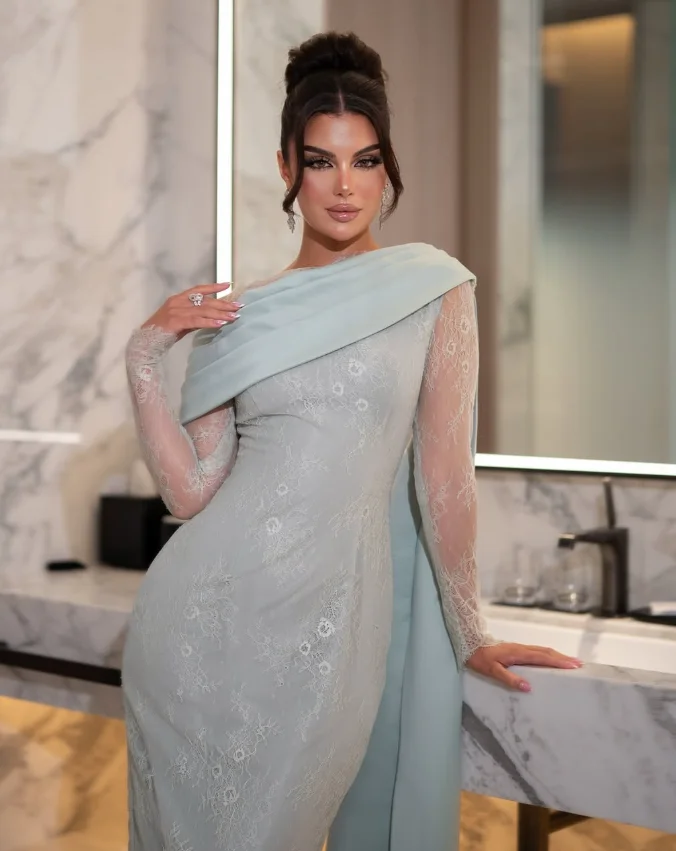 Robe de soirée en Tulle et taches, personnalisée, de haute qualité, sans bretelles, manches longues, longueur cheville, bleu froissé, ligne a, fermeture éclair