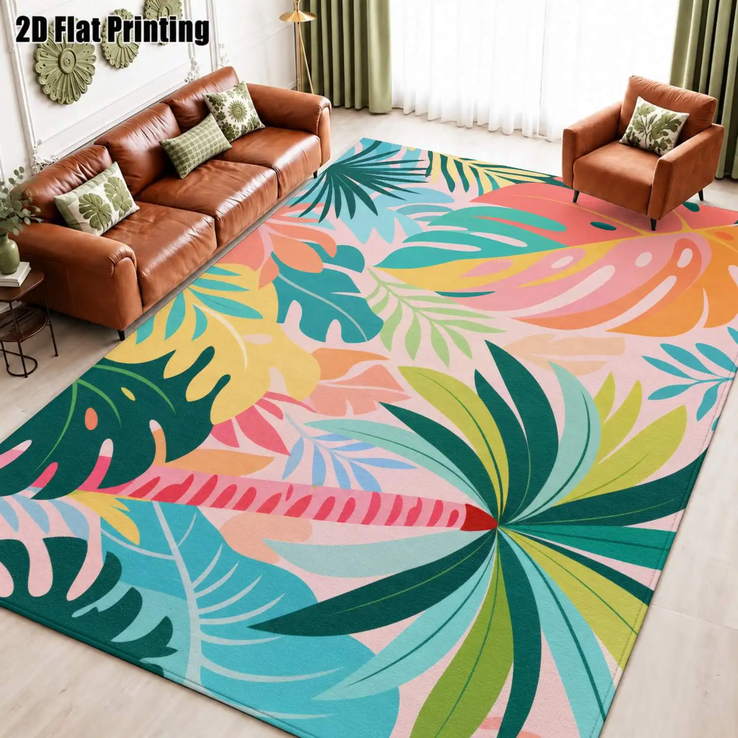1Pc 2D Printed Tropical Plant Pattern Carpet: Nordic/Instagram/Modern Minimalist/European Style, Home Decor Floor Mat, Multi-Size, Machine Washable, Suitable for Entrance, Living Room, Bedroom, Dining Room, Foyer