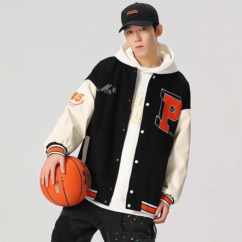 

Men Spring Baseball Clothes Leather Jacket Bomber Street Style Embroidered Fashion Vintage Tooling Jacket Harajuku Casual Jacket