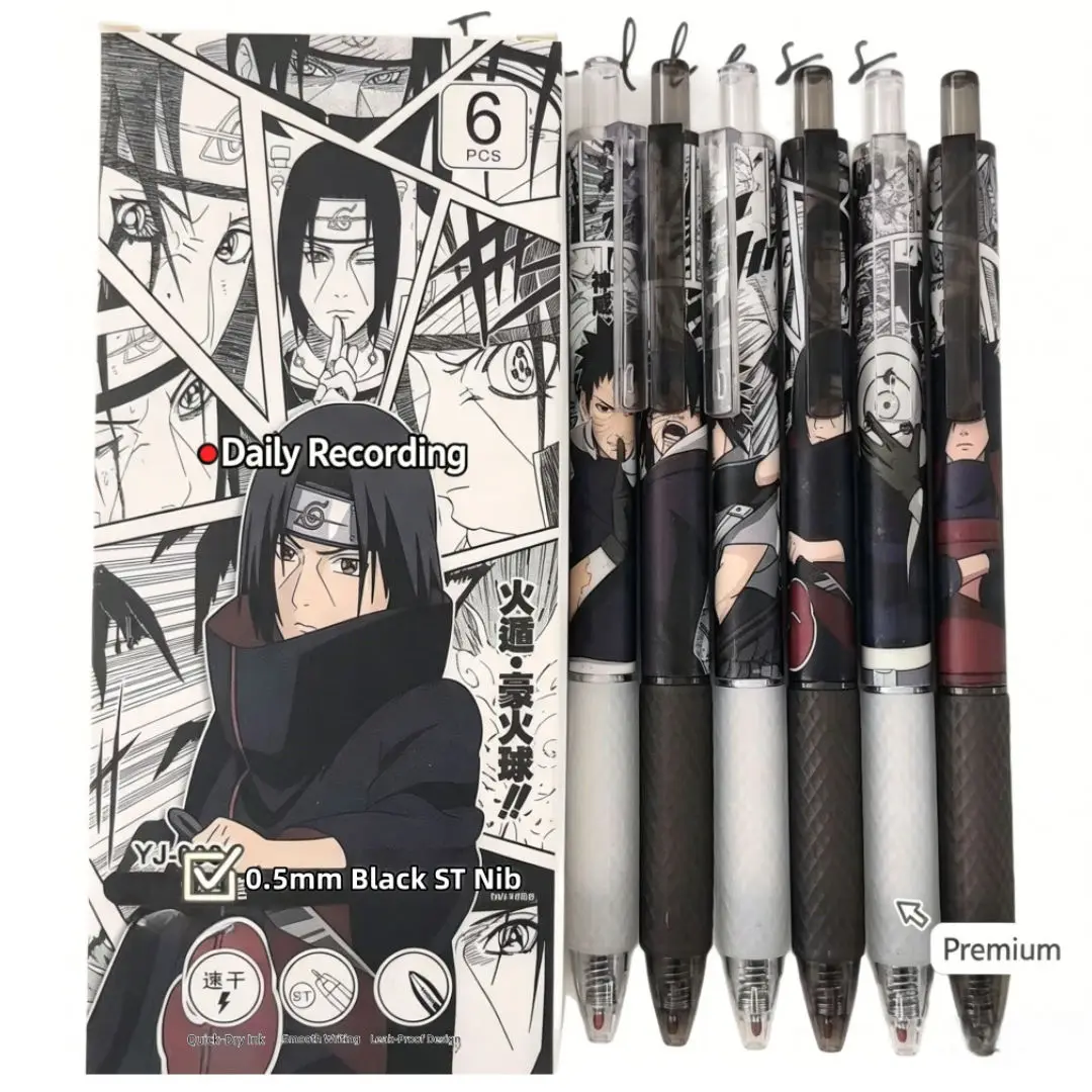 Naruto 6PCS Retractable Gel Pens 0.5mm Black ST Tip Anime Pens,Quick-Dry Ink,Leak-Proof,Back to School Gift
