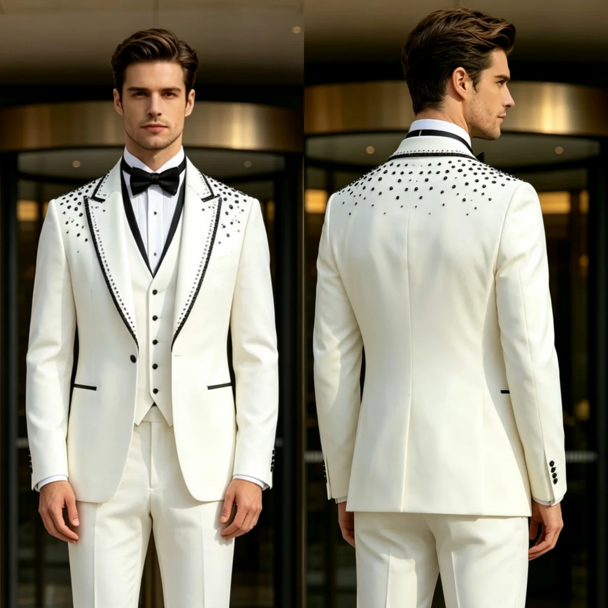 Customized Luxury Men Suit Beaded Crystal Peaked Lapel One Button Groom Wedding Wear 3 Piece Customized Formal Party Set