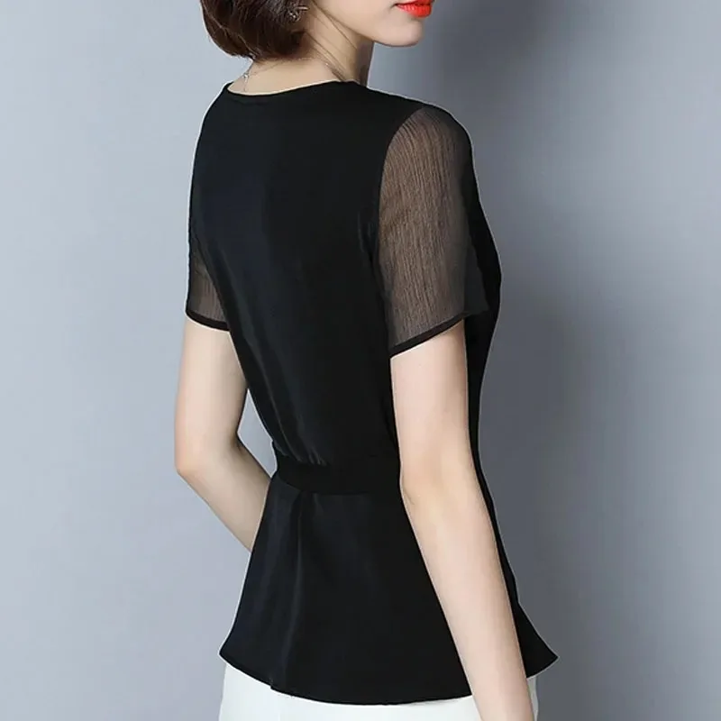 Women Blouse and Tops Black Shirts Blouses Summer Women Ladies Tops Beading Chiffon Blouse Short Sleeve V-Neck 2882 50